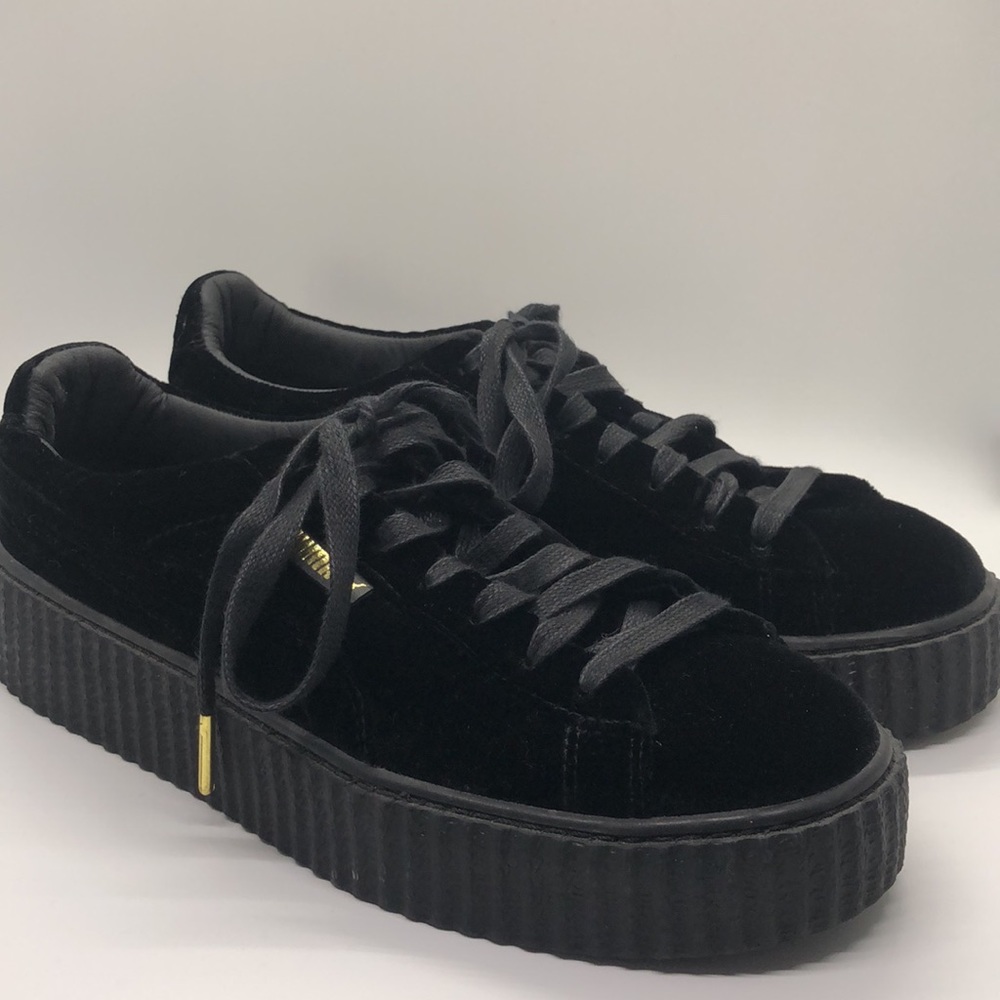 Puma Black Velvet Platform Sneakers with Gold Accents